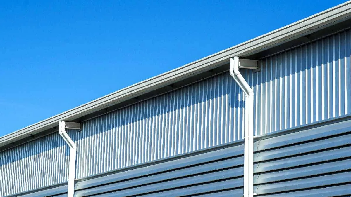 Box gutters on side of white commercial building with blue sky