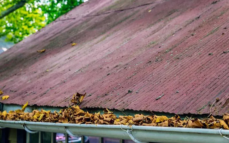 a gutter filled with leaves needs to be cleaned and a gutter guard installed
