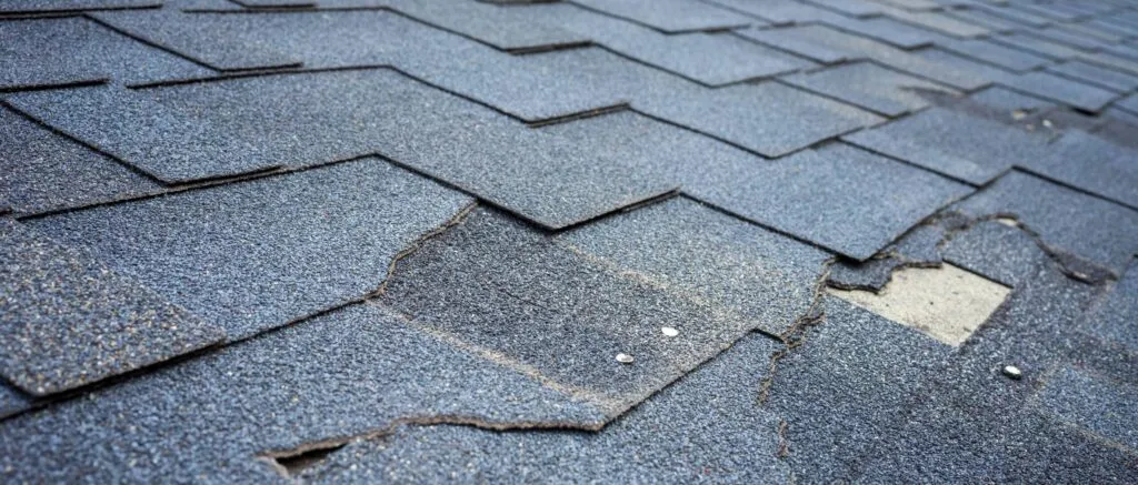 Close up view of bitumen shingles roof damage that needs repair.