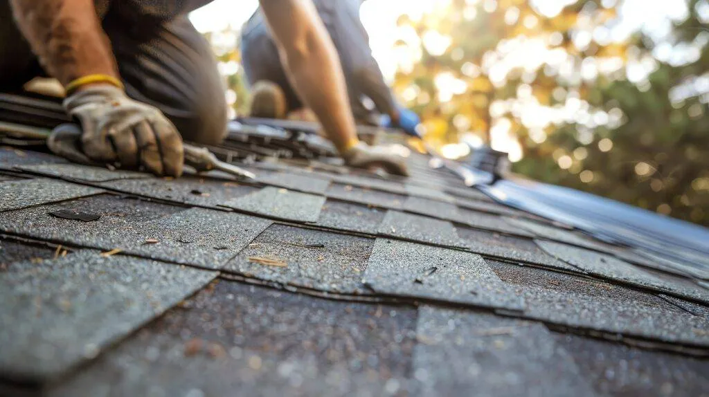Roof repair closeup of roofers at work, repairing damaged shingles or replacing worn out sections of a house roof