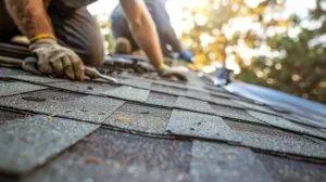 Roof repair closeup of roofers at work, repairing damaged shingles or replacing worn out sections of a house roof